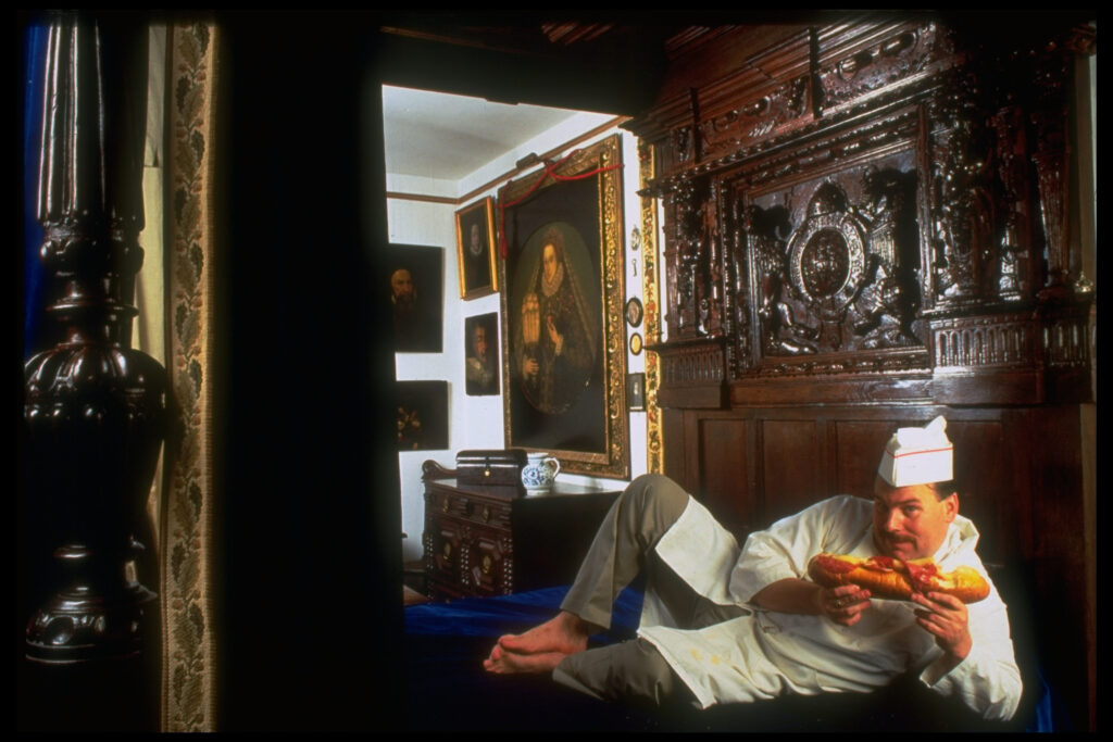 For a story on George Way, an expert antiques collector who also worked at a deli counter, Floret photographed him in the bed in which he sleeps, an Elizabeth I from 1571. At the time of the shoot, in 1991, the bed was valued at $400,000.
