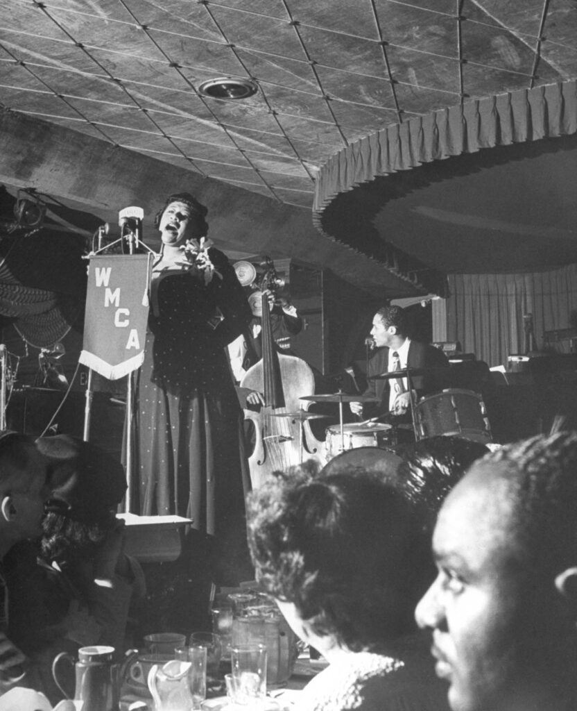 Songbird Ella Fitzgerald sang at opening at the Bop City nightclub in New York City, 1949.