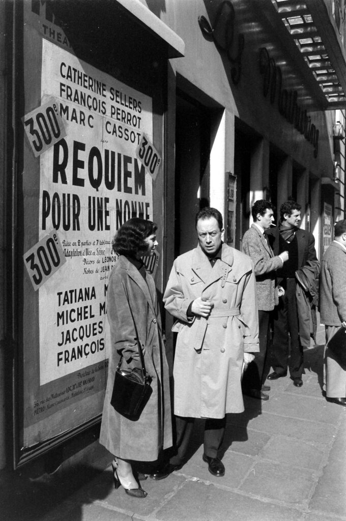 Albert Camus and actress Dominique Blanchar after a rehearsal of his play Caligula, 1957.