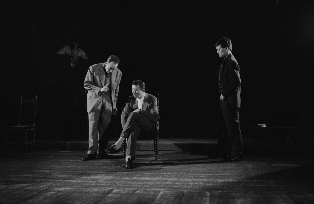 Albert Camus directed actors during a rehearsal of his play 'Caligula.' Paris, 1957.