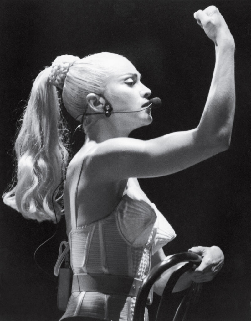 Madonna performed in Los Angeles during her Blonde Ambition tour, 1990.